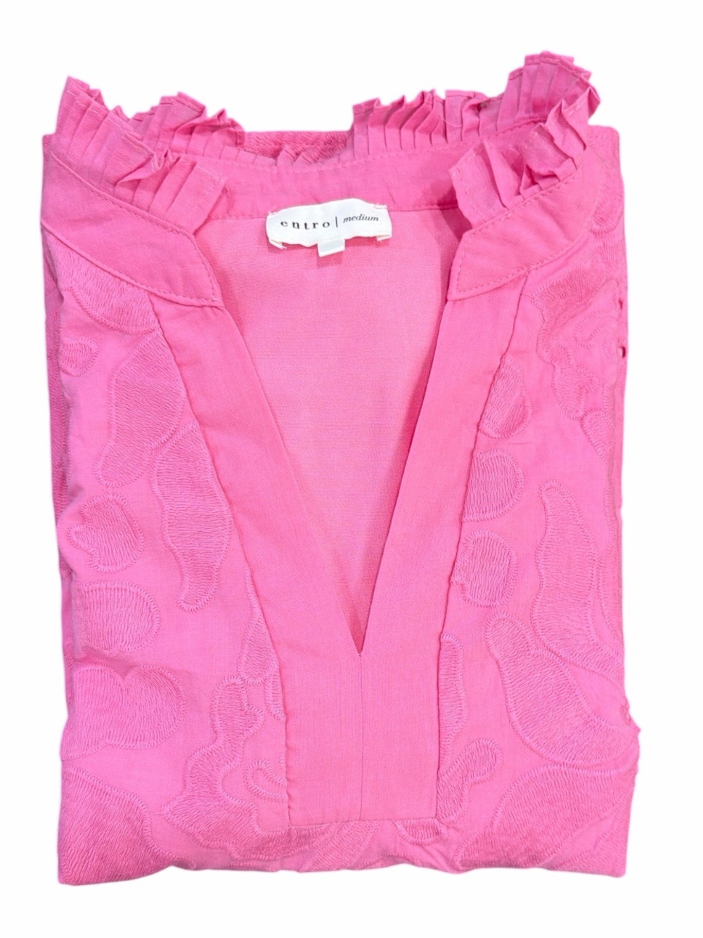 Entro Hot Pink Floral Eyelet Ruffle Neck Puff Sleeve Blouse Size M - Picture 10 of 13